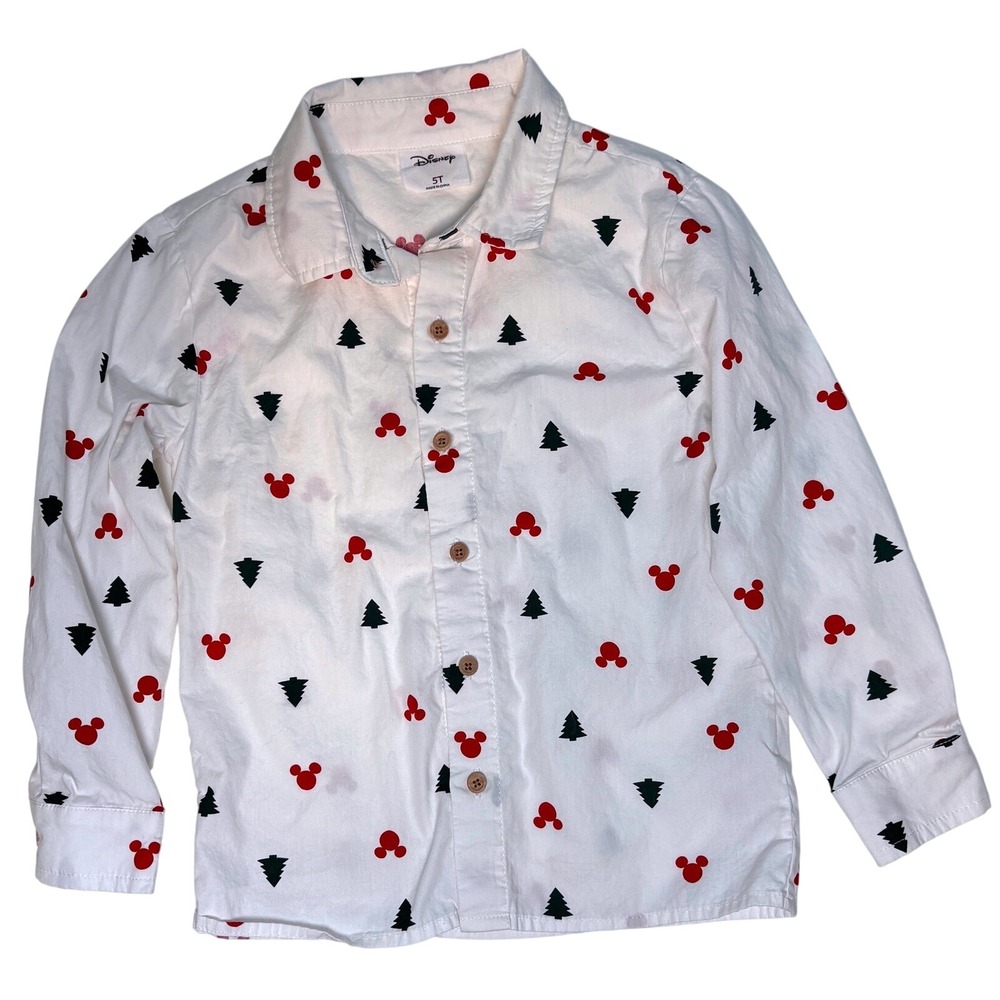 Disney 5T Button Down Shirt Kids White Mickey Mouse Christmas Cotton